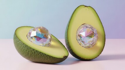 Split Avocado Halves Displaying Brilliant Gemstone In Place of Seed on Pastel Background