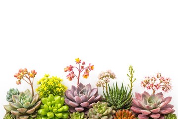 Fototapeta premium Miniature succulent houseplants blooming on white background with copy space for text