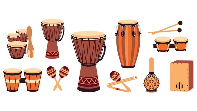 Traditional percussion instruments collection in flat design style for music enthusiasts