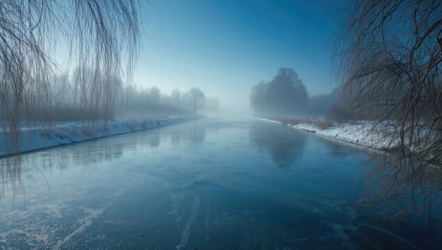 Ice-covered river flowing through winter landscape with trees, highlighting seasonal preservation and erosion concerns