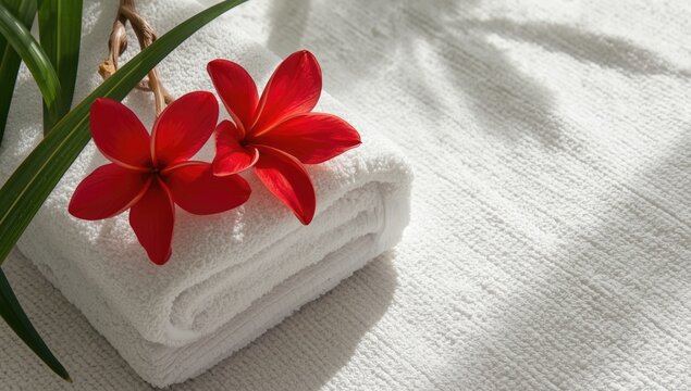 Close-up of red plumeria flowers on white towels, suitable for tropical-themed background usage - Powered by Adobe