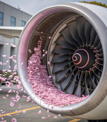 Vibrant pink petals elegantly swirling into a powerful jet engine intake, symbolizing nature's delicate dance with aviation power
