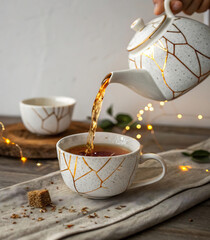 Pouring Golden Cracked Tea into a Cup with Festive Lights