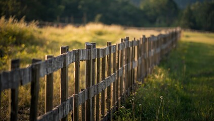 Obraz premium Fence structure in soft-focus landscape, highlighting property delineation