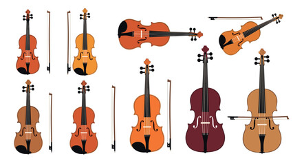 Collection of string instruments: classical violin, viola, and cello with bows in diverse colors