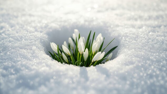 Detailed view of cerastium tomentosum flowers in full bloom amidst summer snow, highlighting plant resilience and flower structure