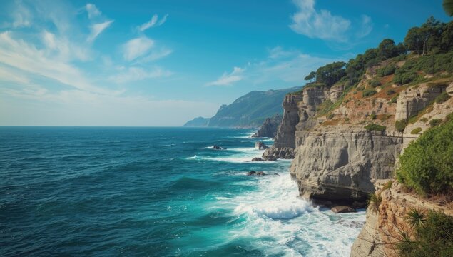 Coastal cliffs overlooking turbulent sea waves, suitable for erosion risk analysis - Powered by Adobe