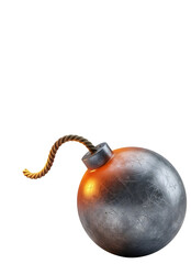 Scratched metal bomb with glowing fuse and rope isolated on white transparent background