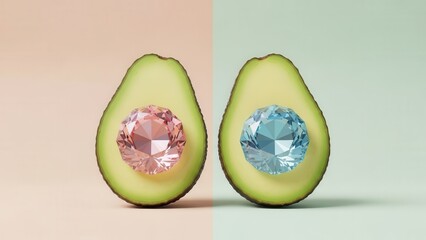 Split Avocado Halves Each Featuring a Faceted Gemstone Against a Softly Divided Background