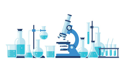 Scientific laboratory equipment set with microscope and glassware in flat design