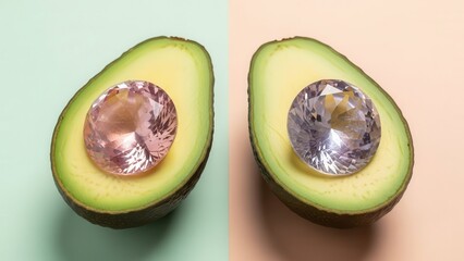 Split Image Two Halves Of Avocado With Pink Gemstones Against Pastel Background