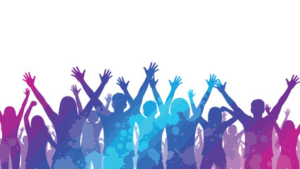 Vibrant silhouette of celebrating crowd with raised hands on a colorful background