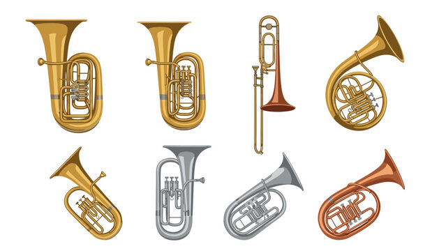 Collection of brass instruments: tuba, trombone, french horn, and euphonium