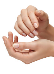 Womans hands with neatly manicured fingernails on transparent background