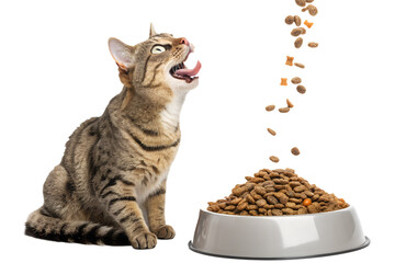 Ultra realistic cat sitting and looking at food being poured from above into a bowl, cat mouth slightly open with tongue visible, excited curious expression, dry cat food kibble falling vertically int