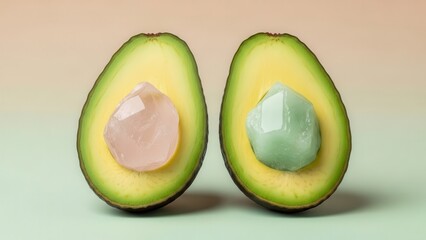 Two Halves of a Jewel Avocado Each Holding a Large Crystal A Symbol of Wellness and Natural Beauty