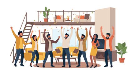 Celebration party in spacious living room with friends and autumn leaves decoration