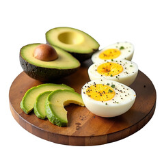 Fresh Avocado and Boiled Eggs Arrangement on a Wooden Board for Healthy Eating on transparent background