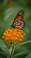Obraz premium Close-up of monarch butterfly on orange flower with green leaves, symbolizing transformation, pollination, and natural beauty, perfect for nature concepts