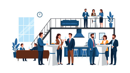 Modern office networking event with professionals socializing in business attire