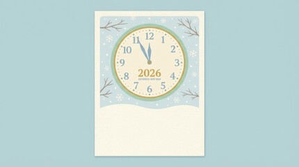 Naklejka premium flat vertical poster template for orthodox new year illustration template featuring clock near midnight with gentle snowflakes on simple pastel background with plenty of empty space