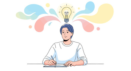 A man sitting at a desk with a lightbulb above his head symbolizing creative ideas and inspiration with colorful abstract shapes in the background