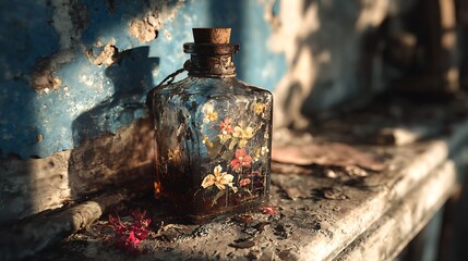 Enchanted glass bottle filled with flowers and herbs