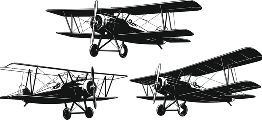 Set of vintage biplane vector illustration, antique propeller aircraft silhouettes, historical aviation design elements, retro airplane graphics, black and white flight icons, aviation art. © Abida