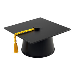 Black Graduation Cap with Yellow Tassel on a White Background, Symbolizing Academic Achievement and Celebrations on transparent background