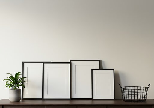 Minimalist Shelf with Frames and Plant