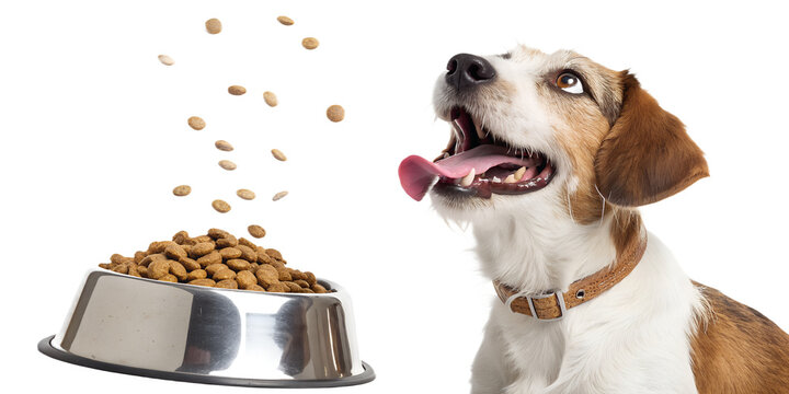 Ultra realistic dog sitting and looking at food being poured from above into a bowl, dog tongue slightly out, excited and focused expression, dry dog food kibble falling vertically into a pet bowl, ma