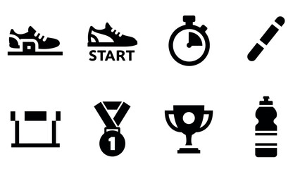 Fitness and competition icons: running shoes, stopwatch, trophies, and more in bold silhouette style