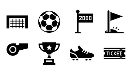Sports icon set: soccer ball, trophy, stadium, whistle, and more in bold silhouette