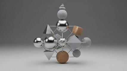 A sophisticated 3D composition of interlocking geometric shapes, including spheres, cubes, and pyramids made of chrome, wood, and stone, balanced in a floating grid.