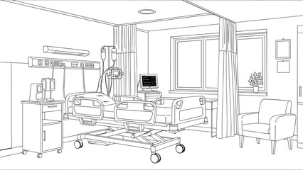 Obraz premium Modern hospital room design with medical equipment and furniture in linear style