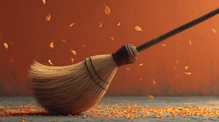 Broom sweeping grains on an orange background