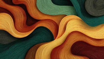 Artistic abstract with flowing, layered bands of warm and cool tones, creating wavy forms