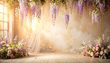 Enchanting Wisteria Garden Studio with Soft Sunlight and Floral Arrangements.