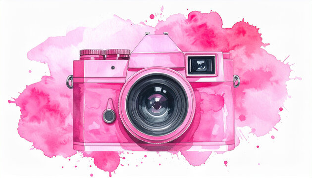 Watercolor illustration of vintage pink camera, expressive paint splashes, retro aesthetic. Hand drawn