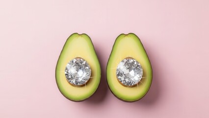 Two Halves of an Avocado Each Containing a Large Sparkling Diamond Against a Soft Pink Background
