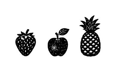 potato stamp style fruit silhouettes featuring strawberry apple and pineapple in simple black and white folk art print on transparent background, vector
