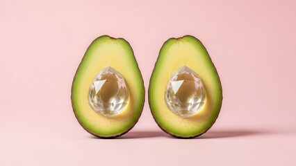 Two Halves Of An Avocado With Clear Crystal Jewels In Place Of The Pit Centered On A Pastel Pink Background