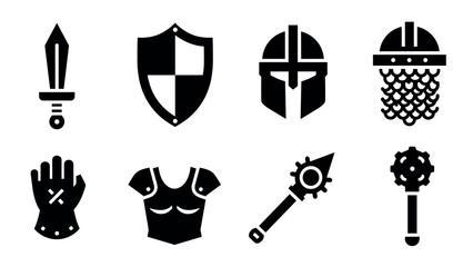 Medieval weaponry and armor icons set in bold silhouette style