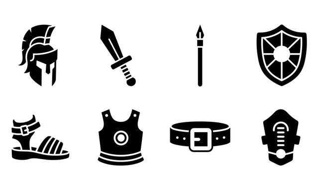 Ancient greek warfare icons: helmet, sword, spear, shield, sandals, armor, belt, mask