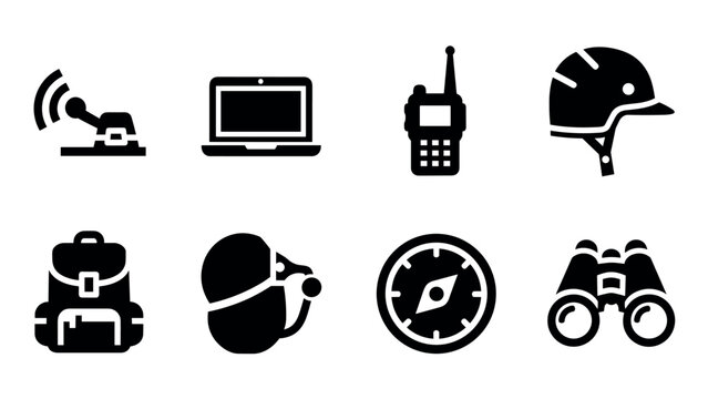 Silhouette icons of travel and technology equipment