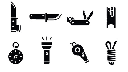 Essential camping tools icons: knife, compass, flashlight, and more
