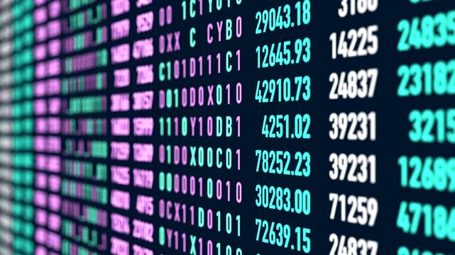 Close up interface, binary code, data, machine code. Research, analyzing, binary code, science, numbers. 3D animation