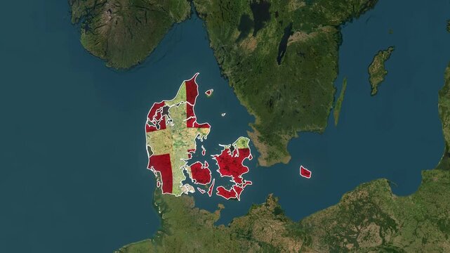 Denmark is highlighted on a satellite map. Animation of Europe with red areas