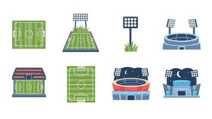 Obraz premium Collection of football stadium icons in flat design with field and lights