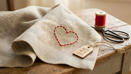 A heart-shaped embroidery on a linen cloth with sewing accessories on a wooden table